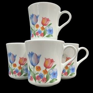 Vintage 1990s Corning Ware USA Fresh Cut Tulips Coffee Mugs Set (4) Cottagecore